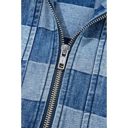Sky Blue Checkerboard Zipped Neck Kangaroo Pocket Denim Hoodie