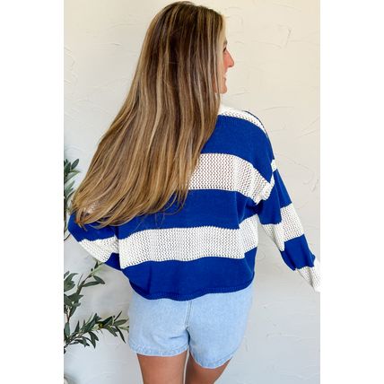 Blue Stripe Colorblock Polo Collar Eyelet Crochet Knitted Sweater