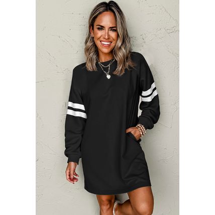 Black Varsity Contrast Banded Sleeve Shift Sweatshirt Dress