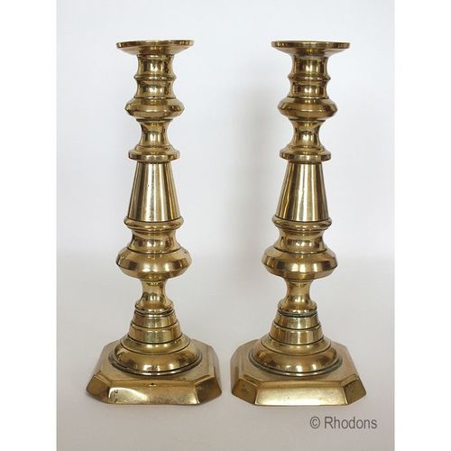 Antique English Tall Brass Candlesticks-Early Victorian-10.625"