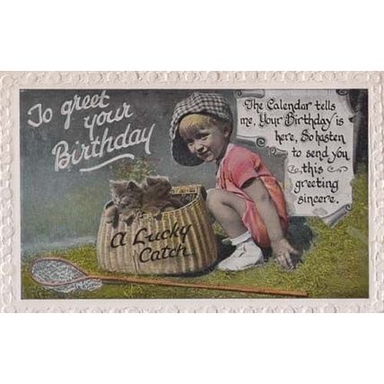 Cats Caught In Fishing Basket Child With Fish Rod Cat Hat Antique Photo Postcard