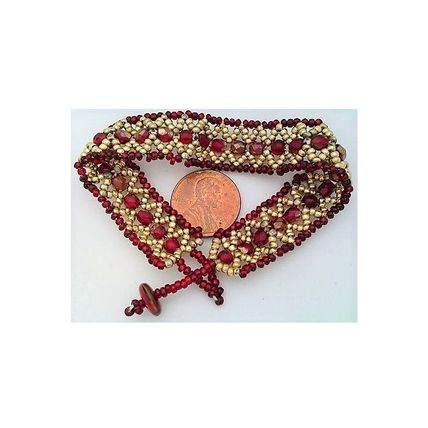 Red And Gold Woven Hand Beaded Ribbon Bangle Bracelet