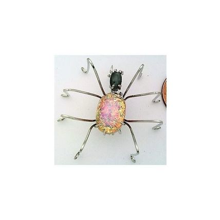 Vintage Opal Glass Spider Stainless Wire Wrap Pin Brooch 11
