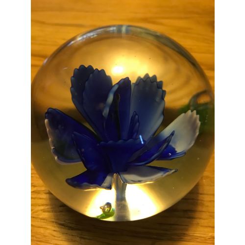 Glass Paper Weight with Blue Flower
