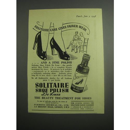 1948 Solitaire Shoe Polish Ad - Solitaire care gives fairer wear