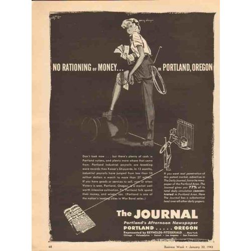 THE JOURNAL 1943 No rationing money Portland OR newspaper vintage ad