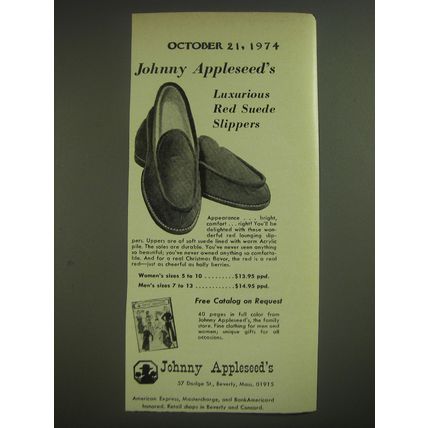 1974 Johnny Appleseed's Red Suede Slippers Advertisement