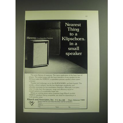1974 Klipsch Heresy Loudspeaker System Ad - Nearest thing to a Klipschorn