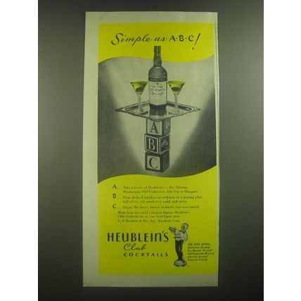 1945 Heublein's Club Cocktails Ad - Simple as A-B-C!