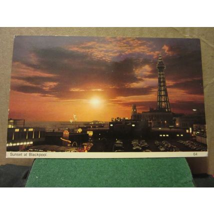 SUNSET AT BLACKPOOL, LANCASHIRE. used vintage postcard by Bamforth 1983 pm =