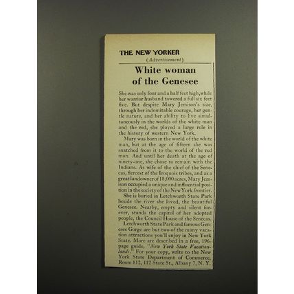 1953 New York State Tourism Ad - White woman of the Genesee