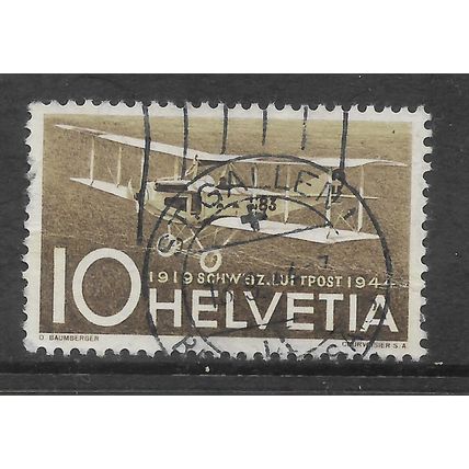 SWITZERLAND 1923 10c HAEFELD DH-3 BIPLANE BROWN & GREEN SG 441 FINE USED #3