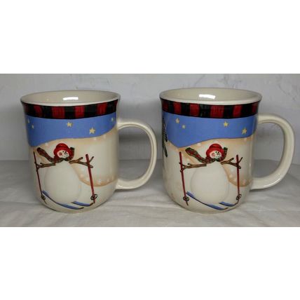 Set of 2 Snowmen Sledding Skiing Coffee Tea Mug 3" x 3 3/4" Winter Fun