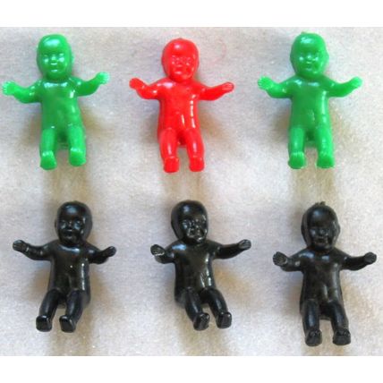 6 Vintage Coloured Hard Plastic Miniature Dolls - 25mm high