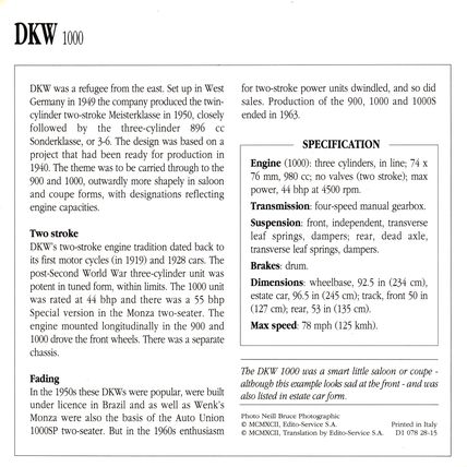 Collectors Club card. Classic Cars. DKW 1000