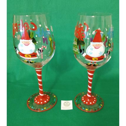 PAIR of HANDPAINTED PIER 1 CELEBRATE THE SEASON CHRISTMAS SANTA 9" WINE GLASSES