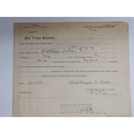 Vintage 1946 Certificate 100 Shares Waltham Watch Co , Signed, 20.5 x 30.5 cm
