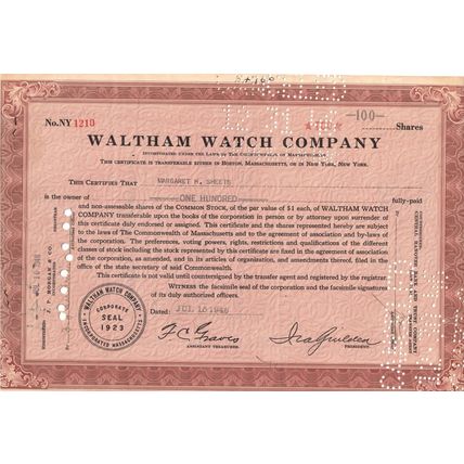 Vintage 1946 Certificate 100 Shares Waltham Watch Co , Signed, 20.5 x 30.5 cm