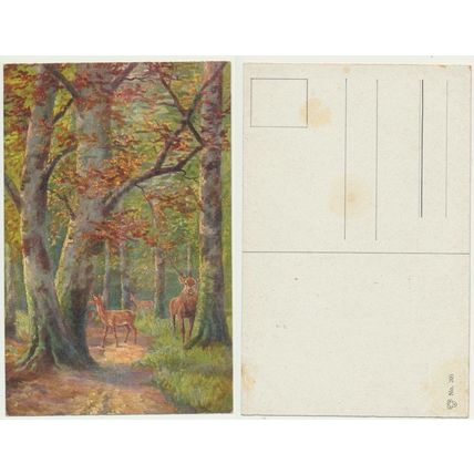 Postcard circa 1920s Deer in forest Art Painting Hermann Richter publisher 2 off