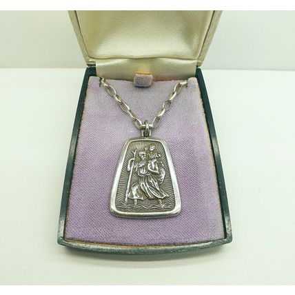 Vintage Charles Horner 925 Sterling Silver Large St Christopher Pendant Necklace