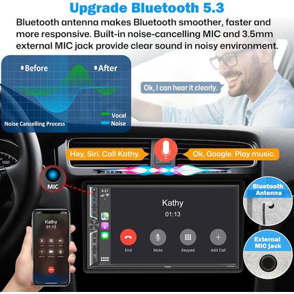 Upgrade Wireless] 7" Double Din Car Radio with Wireless Apple Carplay and Andro