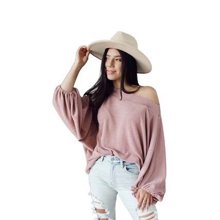 Pink One-Shoulder Balloon Sleeve Ribbed Blouse
