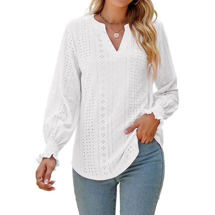 White Split Neck Textured Loose Blouse