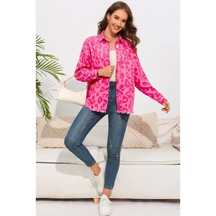 Pink Leopard Print Button Cuffs Raw Hem Jacket