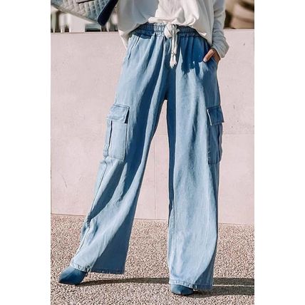 Sky Blue Drawstring High Waist Cargo Pocket Wide Leg Jeans