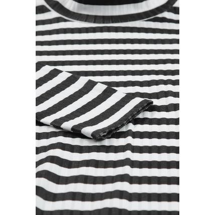Black Striped Print Textured Knit Long Sleeve Tee