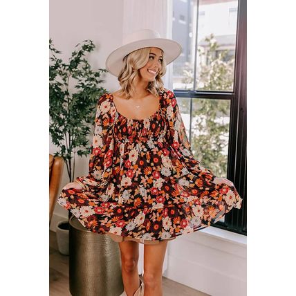 Multicolour Smocked High Waist Long Sleeve Floral Dress