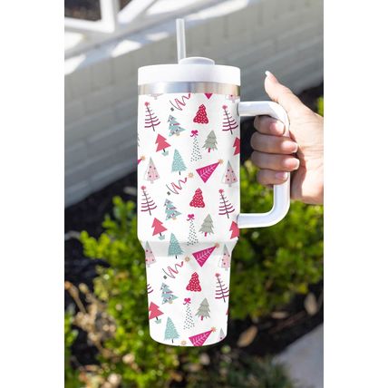 White Cartoon Christmas Tree Printed Thermos Cup