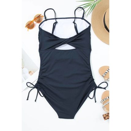 Navy Blue Ribbed Drawstring Sides Cutout One Piece Swimsuit