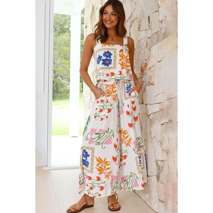 White Square Neck Tank and Wide Leg Pants Floral Set
