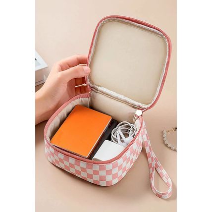 Light Pink Checkered Pattern Small Cosmetic Bag