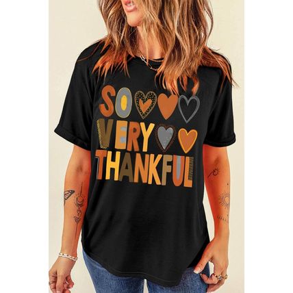 Black So Very Thankful Heart Printed Crewneck Thanksgiving T Shirt