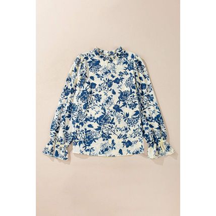 Sky Blue Floral Print Flounce Sleeve Keyhole Back Blouse