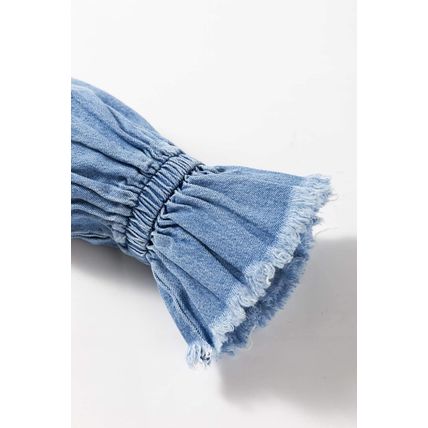 Sky Blue Frilled Raw Hem Half Buttoned Denim Top