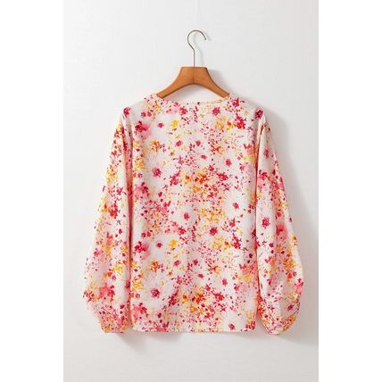 Pink Ditsy Floral Bubble Sleeve V Neck Blouse