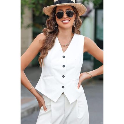 White Solid Color Button up V Neck Suit Vest