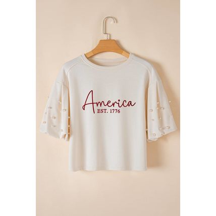 White America EST 1776 Embroidered Pearl Beaded Sleeve T Shirt