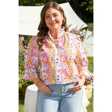 Pink Floral Ruffled Collar Bracelet Sleeve Plus Size Blouse Top