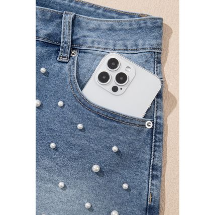 Dusk Blue Pearl Beaded Raw Hem Medium Wash Denim Shorts