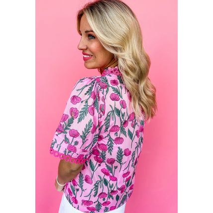 Pink Floral Lace Detail Frilled V Neck Summer Blouse
