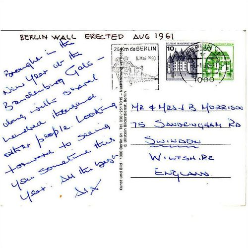 Colour Postcard - Remains of Berlin Wall aft 1989 - posted Jan 1990