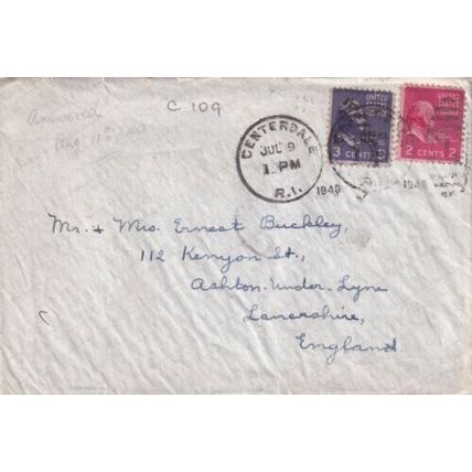 United States 1940 Centerdale RI-Ashton Under Lyme UK Cover Centerdale cancel VG