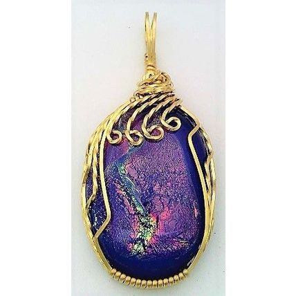 Pink Dichroic Glass Brass Wire Wrap Pendant 1