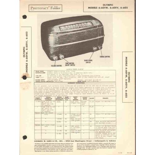 OLYMPIC model 6-601W 6-601V 6-602 AM radio Sams Photofact manual