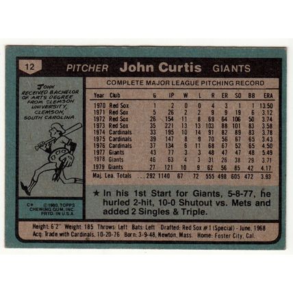 1980 Topps baseball card 12 John Curtis - Giants
