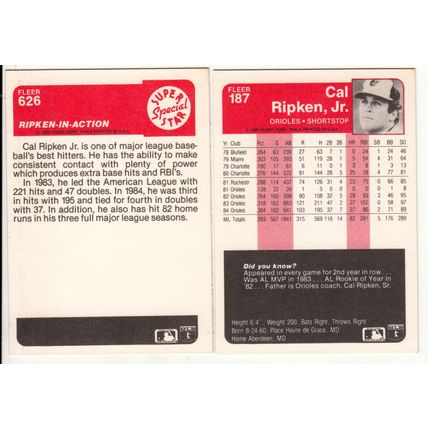 Two 1985 Fleer Cal Ripken Jr. cards 187, 626 -HOF- In Action